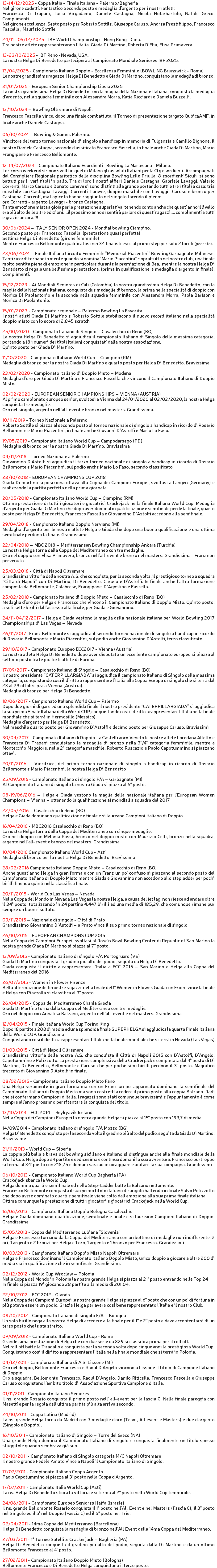 13-14/12/2025 - Coppa Italia - Finale Italiana - Palermo/Bagheria Nel girone cadetti. Fantastico Secondo posto e medaglia d'argento per i nostri atleti: Francesca Di Trapani, Lucia Virgadamo, Daniele Castagna, Nicola Notarbartolo, Natale Greco. Complimenti Nel girone eccellenza. Sesto posto per Roberto Sottile, Giuseppe Caruso, Andrea Prestifilippo, Francesco Fascella , Maurizio Sottile. 24/11 - 05/12/2025 - IBF World Championship - Hong Kong - Cina. Tre nostre atlete rappresenteranno l'Italia. Giada Di Martino, Roberta D'Elia, Elisa Primavera. 13-23/10/2025 - IBF Reno -Nevada, USA. La nostra Helga Di Benedetto parteciperà al Campionato Mondiale Seniores IBF 2025. 13/04/2025 - Campionato Italiano Doppio - Eccellenza Femminile (BOWLING Brunswick - Roma) Le nostre grandissime ragazze, Helga Di Benedetto e Giada Di Martino, conquistano la medaglia di bronzo. 31/01/2025 - European Senior Championship Lipsia 2025 La nostra grandissima Helga Di Benedetto, con la maglia della Nazionale Italiana, conquista la medaglia d'argento, nella squadra femminile con Alessandra Morra, Katia Ricciardi e Daniela Buzzelli. 13/10/2024 – Bowling Oltremare di Napoli. Francesco Fascella vince, dopo una finale combattuta, il Torneo di presentazione targato QubicaAMF, in finale anche Daniele Castagna. 06/10/2024 – Bowling & Games Palermo. Vincitore del terzo torneo nazionale di singolo a handicap in memoria di Fulgenzia e Camillo Bignone, il nostro Daniele Castagna, secondo classificato Francesco Fascella, in finale anche Giada Di Martino, Mario Frangipane e Francesco Bellomonte. 12-14/07/2024– Campionato Italiano Esordienti -Bowling La Martesana - Milano. Lo scorso weekend si sono svolti in quel di Milano gli assoluti Italiani per la Ctg esordienti. Accompagnati dal Consigliere Regionale paritetico della disciplina Bowling Lelle Priulla, 8 esordienti Siculi si sono battuti per i vari titoli in palio. Tra di loro i nostri alfieri Daniele Castagna, Gabriele Lavaggi, Valerio Correnti, Marco Caruso e Donato Laneve si sono distinti alla grande portando tutti e tre i titoli a casa: tris maschile con Castagna-Lavaggi-Correnti-Laneve, doppio maschile con Lavaggi- Caruso e bronzo per Castagna-Correnti, ma l'apice lo hanno raggiunto nel singolo facendo il pieno: oro Correnti - argento Lavaggi - bronzo Castagna. Tanta emozione mista a gioia per la prestazione superlativa, tenendo conto anche che quest' anno il livello era più alto delle altre edizioni....il prossimo anno si sentirà parlare di questi ragazzi.... complimenti a tutti e grazie ancora!!!! 30/06/2024 – ITALY SENIOR OPEN 2024 - Mondial bowling Ciampino. Secondo posto per Francesco Fascella, (prestazione quasi perfetta) Settima Helga Di Benedetto (girone femminile) Mentre Francesco Bellomonte qualificatosi nei 34 finalisti esce al primo step per solo 2 birilli (peccato). 23/06/2024 – Finale Italiana Circuito Femminile "Memorial Piacentini" Bowling Garbagnate Milanese. Tanti ricordi tornano in mente quando si nomina "Mario Piacentini", soprattutto nel nostro club, una finale molto sentita piena di emozione in particolare durante la premiazione di Bea, mentre la nostra Helga Di Benedetto ci regala una bellissima prestazione, (prima in qualificazione e medaglia d'argento in finale). Complimenti. 15/12/2023 - Ai Mondiali Seniores di Cali (Colombia) la nostra grandissima Helga Di Benedetto, con la maglia della Nazionale Italiana, conquista due medaglie di bronzo, la prima nella specialità di doppio con Monica Di Paolantonio e la seconda nella squadra femminile con Alessandra Morra, Paola Barison e Monica Di Paolantonio. 15/01/2023 - Campionato regionale – Palermo Bowling La Favorita I nostri atleti Giada Di Martino e Roberto Sottile stabiliscono il nuovo record italiano nella specialità doppio misto con lo score di 2.845 scratch 25/10/2020 - Campionato Italiano di Singolo – Casalecchio di Reno (BO) La nostra Helga Di Benedetto si aggiudica il campionato Italiano di Singolo della massima categoria, portando a 18 i numeri dei titoli Italiani conquistati dalla nostra associazione. Quinto posto per Giada Di Martino. 11/10/2020 - Campionato Italiano World Cup – Ciampino (RM) Medaglia di bronzo per la nostra Giada Di Martino e quarto posto per Helga Di Benedetto. Bravissime 23/02/2020 - Campionato Italiano di Doppio Misto – Modena Medaglia d’oro per Giada Di Martino e Francesco Fascella che vincono il Campionato Italiano di Doppio Misto. 02/02/2020 - EUROPEAN SENIOR CHAMPIONSHIPS – VIENNA (AUSTRIA) Al primo campionato europeo senior, svoltosi a Vienna dal 24/01/2020 al 02/02/2020, la nostra Helga conquista tre medaglie. Oro nel singolo, argento nell’all-event e bronzo nel masters. Grandissima. 10/11/2019 - Torneo Nazionale a Palermo Roberto Sottile si piazza al secondo posto al torneo nazionale di singolo a handicap in ricordo di Rosario Bellomonte e Mario Piacentini, in finale anche Giovanni D’Astolfi e Mario Lo Faso. 19/05/2019 - Campionato Italiano World Cup – Campodarsego (PD) Medaglia di bronzo per la nostra Giada Di Martino. Bravissima 04/11/2018 - Torneo Nazionale a Palermo Giovannino D’Astolfi si aggiudica il terzo torneo nazionale di singolo a handicap in ricordo di Rosario Bellomonte e Mario Piacentini, sul podio anche Mario Lo Faso, secondo classificato. 28/10/2018 - EUROPEAN CHAMPIONS CUP 2018 Giada Di martino si posiziona ottava alla Coppa dei Campioni Europei, svoltasi a Langen (Germany) e realizzando la partita perfetta nella prima giornata. 20/05/2018 - Campionato Italiano World Cup – Ciampino (RM) Ottima prestazione di tutti i giocatori e giocatrici Crackejack nella finale Italiana World Cup, Medaglia d’argento per Giada Di Martino che dopo aver dominato qualificazione e semifinale perde la finale, quarto posto per Helga Di Benedetto, Francesco Fascella e Giovannino D’Astolfi accedono alla semifinale. 29/04/2018 - Campionato Italiano Doppio Nerviano (MI) Medaglia d'argento per le nostre atlete Helga e Giada che dopo una buona qualificazione e una ottima semifinale perdono la finale. Grandissime 22/04/2018 – MBC 2018 – Mediterranean Bowling Championship Ankara (Turchia) La nostra Helga torna dalla Coppa del Mediterraneo con tre medaglie. Oro nel doppio con Elisa Primavera, bronzo nell’all-event e bronzo nel masters. Grandissima - Franz non pervenuto 25/03/2018 - Città di Napoli Oltremare Grandissima vittoria della nostra A.S. che conquista, per la seconda volta, il prestigioso torneo a squadra “Città di Napoli” con Di Martino, Di Benedetto. Caruso e D'Astolfi. In finale anche l’altra formazione composta da Bellomonte, Calabrese, Frangipane, D’Agostino e Fascella. 25/02/2018 - Campionato Italiano di Doppio Misto – Casalecchio di Reno (BO) Medaglia d’oro per Helga e Francesco che vincono il Campionato Italiano di Doppio Misto. Quinto posto, a soli sette birilli dall’accesso alla finale, per Giada e Giovannino. 24/11-04/12/2017 - Helga e Giada vestono la maglia della nazionale italiana per World Bowling 2017 Championships di Las Vegas – Nevada 26/11/2017- Franz Bellomonte si aggiudica il secondo torneo nazionale di singolo a handicap in ricordo di Rosario Bellomonte e Mario Piacentini, sul podio anche Giovannino D’Astolfi, terzo classificato. 29/10/2017 - Campionato Europeo ECC2017 - Vienna (Austria) La nostra atleta Helga Di Benedetto dopo aver disputato un eccellente campionato europeo si piazza al settimo posto tra le più forti atlete di Europa. 17/09/2017 - Campionato Italiano di Singolo – Casalecchio di Reno (BO) Il nostro presidente “CATERPILLARGIADA” si aggiudica il campionato Italiano di Singolo della massima categoria, conquistando così il diritto a rappresentare l'Italia alla Coppa Europa di singolo che si terrà dal 23 al 29 ottobre p.v. a Vienna (Austria). Medaglia di bronzo per Helga Di Benedetto. 18/06/2017 - Campionato Italiano World Cup – Palermo Dopo due giorni di gare ed una splendida finale il nostro presidente “CATERPILLARGIADA” si aggiudica la sua prima Finale Italiana della World CUP, conquistando così il diritto a rappresentare l'Italia nella finale mondiale che si terrà in Hermosillo (Messico). Medaglia d’argento per Helga Di Benedetto. Nel maschile quarto posto per Giovannino D’Astolfi e decimo posto per Giuseppe Caruso. Bravissimi 30/04/2017 - Campionato Italiano di Doppio - a Castelfranco Veneto le nostre atlete Loredana Alletto e Francesca Di Trapani conquistano la medaglia di bronzo nella 3°/4° categoria femminile, mentre a Montecchio Maggiore, nella 2° categoria maschile, Roberto Ruscazio e Paolo Capotummino si piazzano ottavi. 20/11/2016 – Vincitrice, del primo torneo nazionale di singolo a handicap in ricordo di Rosario Bellomonte e Mario Piacentini, la nostra Helga Di Benedetto 25/09/2016 - Campionato Italiano di singolo F/A – Garbagnate (MI) Al Campionato Italiano di singolo la nostra Giada si piazza al 5° posto. 08-19/06/2016 – Helga e Giada vestono la maglia della nazionale italiana per l’European Women Champions – Vienna – ottenendo la qualificazione ai mondiali a squadra del 2017 22/05/2016 – Casalecchio di Reno (BO) Helga e Giada dominano qualificazione e finale e si laureano Campioni Italiano di Doppio. 16/04/2016 - MBC2016 Casalecchio di Reno (BO) La nostra Helga torna dalla Coppa del Mediterraneo con cinque medaglie. Oro nel doppio con Melania Rossi, bronzo nel doppio misto con Maurizio Celli, bronzo nella squadra, argento nell’all-event e bronzo nel masters. Grandissima 10/04/2016 Campionato Italiano World Cup - Asti Medaglia di bronzo per la nostra Helga Di Benedetto. Bravissima 28/02/2016 Campionato Italiano Doppio Misto – Casalecchio di Reno (BO) Anche quest’anno Helga in gran forma e con un Franz un po’ confuso si piazzano al secondo posto del Campionato Italiano di Doppio Misto mentre Giada e Giovannino non accedono allo stepladder per pochi birilli finendo quinti nella classifica finale. 20/11/2015 - World Cup Las Vegas – Nevada Nella Coppa del Mondo in Nevada Las Vegas la nostra Helga, a causa del jet lag, non riesce ad andare oltre il 34° posto, totalizzando in 24 partine 4.447 birilli ad una media di 185,29, che comunque rimane pur sempre un buon risultato. 09/11/2015 – Nazionale di singolo - Città di Prato Grandissimo Giovannino D’Astolfi – a Prato vince il suo primo torneo nazionale di singolo 26/10/2015 - EUROPEAN CHAMPIONS CUP 2015 Nella Coppa dei Campioni Europei, svoltasi al Rose'n Bowl Bowling Center di Republic of San Marino la nostra grande Giada Di Martino si piazza al 7° posto. 13/09/2015 - Campionato Italiano di singolo F/A Portogruaro (VE) Giada Di Martino conquista il gradino più alto del podio, seguita da Helga Di Benedetto. Giada conquista il diritto a rappresentare l’Italia a ECC 2015 – San Marino e Helga alla Coppa del Mediterraneo del 2016 26/07/2015 - Women in Flower Firenze Bella affermazione delle nostre ragazze nella finale del 1° Women in Flower. Giada con Frioni vince la finale e Helga con Piazzolla si classifica al 3° posto. 26/04/2015 - Coppa del Mediterraneo Chania Grecia Giada Di Martino torna dalla Coppa del Mediterraneo con tre medaglie. Oro nel doppio con Annalisa Balzano, argento nell’all-event e nel masters. Grandissima 12/04/2015 - Finale Italiana World Cup Torino King Dopo 18 partite a 208 di media ed una splendida finale SUPERHELGA si aggiudica la quarta Finale Italiana della World CUP. Grandissima Conquistando così il diritto a rappresentare l'Italia nella finale mondiale che si terrà in Nevada (Las Vegas) 01/03/2015 - Città di Napoli Oltremare Grandissima vittoria della nostra A.S. che conquista il Città di Napoli 2015 con D'Astolfi, D'Angelo, Capotummino e Polizzotto. La prestazione complessiva della Crackerjack è completata dal 4° posto di Di Martino, Di Benedetto, Bellomonte e Caruso che per pochissimi birilli perdono il 3° posto. Magnifico trecento di Giovannino D'Astolfi in finale. 08/02/2015 - Campionato Italiano Doppio Misto Fano Una Helga veramente in gran forma ma con un Franz un po’ appannato dominano la semifinale del Campionato Italiano di Doppio Misto ma sono costretti a cedere il primo posto alla coppia Balzano-Radi che si confermano Campioni d'Italia. I ragazzi sono stati comunque bravissimi e l'appuntamento è come sempre all'anno prossimo per ritentare la conquista del titolo. 13/10/2014 - ECC 2014 – Reykyavik Iceland Nella Coppa dei Campioni Europei la nostra grande Helga si piazza al 15° posto con 199,7 di media. 14/09/2014 - Campionato Italiano di singolo F/A Mozzo (BG) Helga Di Benedetto conquista per la seconda volta il gradino più alto del podio, seguita da Giada Di Martino. Bravissime 21/11/2013 - World Cup – Siberia La coppia più bella e brava del bowling siciliano e italiano si distingue anche alla finale mondiale della World Cup. Helga dopo 24 partite è sedicesima e continua domani la sua avventura. Francesco purtroppo si ferma al 34° posto con 218,75 e domani sarà ad incoraggiare e aiutare la sua compagna. Grandissimi 06/10/2013 - Campionato Italiano World Cup Bagheria (PA) Crackejack sbanca la World Cup. Helga domina quarti e semifinale ed nello Step-Ladder batte la Balzano nettamente. Francesco Bellomonte conquista il suo primo titolo italiano di singolo battendo in finale Salvo Polizzotto che dopo avere dominato quarti e semifinale viene colto dall'emozione alla sua prima finale italiana. Ottima comunque la prestazione di tutti i giocatori e giocatrici Crackejack nella World Cup. 16/06/2013 - Campionato Italiano Doppio Bologna Casalecchio Helga e Giada dominano qualificazione, semifinale e finale e si laureano Campioni Italiano di Doppio. Grandissime 15/05/2013 - Coppa del Mediterraneo Lubiana “Slovenia” Helga e Francesco tornano dalla Coppa del Mediterraneo con un bottino di medaglie non indifferente. 2 ori, 1 argento e 2 bronzi per Helga e 1 oro, 1 argento e 1 bronzo per Francesco. Grandissimi 10/03/2013 - Campionato Italiano Doppio Misto Napoli Oltremare Helga e Francesco dominano il Campionato Italiano Doppio Misto, unico doppio a giocare a oltre 200 di media sia in qualificazione che in semifinale. Grandissimi. 02/12/2012 - World Cup Wroclaw – Polonia Nella Coppa del Mondo in Polonia la nostra grande Helga si piazza al 21° posto entrando nelle Top 24 In finale si piazza 19° giocando 28 partite alla media di 201,04. 22/10/2012 - ECC 2012 - Olanda Nella Coppa dei Campioni Europei la nostra grande Helga si piazza al 6° posto che con un po’ di fortuna in più poteva essere un podio. Grazie Helga per avere così bene rappresentato l'Italia e il nostro Club. 08/10/2012 - Campionato Italiano di singolo F/A – Bologna Un solo birillo nega alla nostra Helga di accedere alla finale per il 1° e 2° posto e deve accontentarsi di un terzo posto che le sta stretto. 09/09/2012 - Campionato Italiano World Cup - Roma Grandissima prestazione di Helga che con due serie da 829 si classifica prima per il roll off. Nel roll off batte la Tiragallo e conquista per la seconda volta dopo cinque anni la prestigiosa World Cup. Conquistando così il diritto a rappresentare l'Italia nella finale mondiale che si terrà in Polonia. 04/12/2011 - Campionato Italiano di A.S. Lissone (MI) Oro nel doppio, Bellomonte Francesco e Raoul D'Angelo vincono a Lissone il titolo di Campione Italiano di Doppio. Oro a squadra, Bellomonte Francesco, Raoul D’Angelo, Danilo Riticella, Francesco Fascella e Giuseppe Caruso conquistano l'ambito titolo di Associazione Sportiva Campione d'Italia. 01/11/2011 - Campionato Italiano Seniores Il ns. grande Rosario conquista il primo posto nell' all-event per la fascia C. Nella finale pareggia con Masetti e per la regola dell'ultima partita più alta arriva secondo. 24/10/2011 - Coppa Latina (Madrid) La ns. grande Helga torna da Madrid con 3 medaglie d'oro (Team, All event e Masters) e due d'argento (Singolo e Doppio). 16/10/2011 - Campionato Italiano di Singolo – Torre del Greco (NA) Una grande Helga domina il Campionato Italiano di singolo e conquista finalmente un titolo spesso sfuggitole quando sembrava già suo. 02/10/2011 - Campionato Italiano di Singolo categoria M/C Napoli Oltremare Il nostro grande Fedele Amato vince a Napoli il Campionato Italiano di Singolo. 17/07/2011 - Campionato Italiano Coppa Argento Paolo Capotummino si piazza al 3° posto nella Coppa d'Argento. 17/07/2011 - Campionato Italia World Cup (Asti) La ns. Helga Di Benedetto sfiora la vittoria e si ferma al 2° posto nella World Cup femminile. 24/06/2011 - Campionato Europeo Seniores Haifa (Israele) Il ns. grande Bellomonte Rosario conquista il 1° posto nell'All Event e nel Masters (Fascia C), il 3° posto nel Singolo ed il 5° nel Doppio (Fascia C) ed il 5° posto nel Tris. 02/04/2011 - 14ma Coppa del Mediterraneo (Barcellona) Helga Di Benedetto conquista la medaglia di bronzo nell'All Event della 14ma Coppa del Mediterraneo. 27/03/2011 - 1° Torneo Satellite Crackerjack – Bagheria (PA) Helga Di Benedetto conquista il gradino più alto del podio, seguita dalla Di Martino e da un ottimo Bellomonte Francesco al 4° posto. 27/02/2011 - Campionato Italiano Doppio Misto (Bologna) Bellomonte Francesco e Di Benedetto Helga conquistano il terzo posto. 