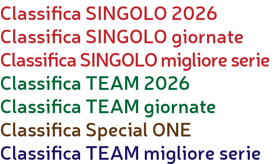 Classifica SINGOLO 2026 Classifica SINGOLO giornate Classifica SINGOLO migliore serie Classifica TEAM 2026 Classifica TEAM giornate Classifica Special ONE Classifica TEAM migliore serie